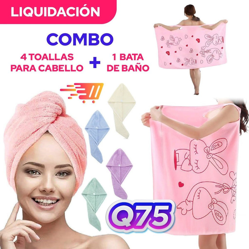 Combo 4 toallas para cabello y una bata para baño