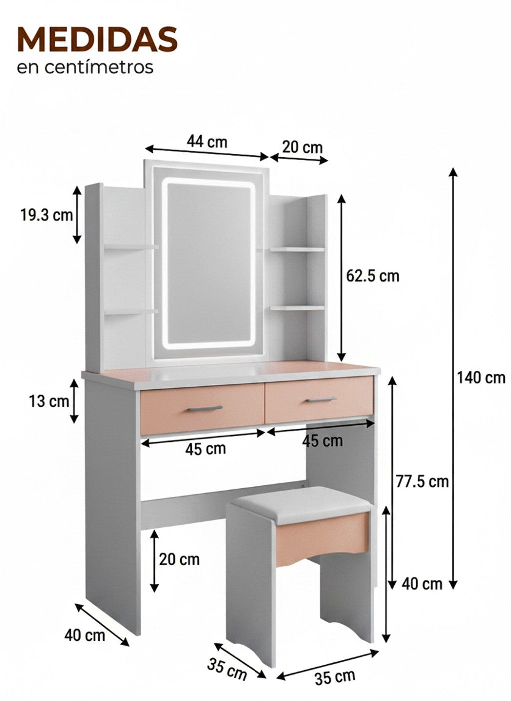 Vanity Glow con Taburete y Luz Led