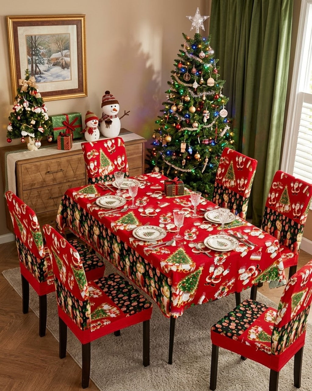 Juego Navideño de Mantel y 6 Fundas para Sillas
