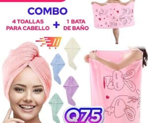 Combo 4 toallas para cabello y una bata para baño